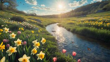 Flowing River Through Meadow Filled with Daffodils and Tulips in Spring photo