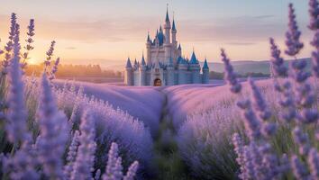 Majestic Castle in Lavender Field at Dawn with Soft Light photo