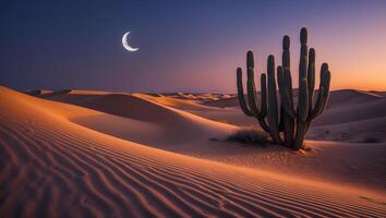 Cactus in Desert Landscape at Dusk Underneath Crescent Moon photo