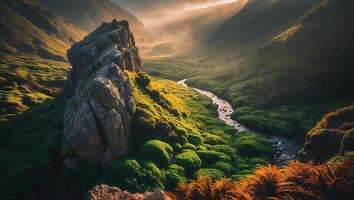 Scenic Mountain Valley with River Flowing Through Mossy Landscape photo