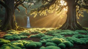 Sunlight Streaming Through Forest Trees with Waterfall and Mossy Ground photo