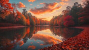 Autumn Reflection Beautiful Lake with Colorful Trees and Sunset Clouds photo