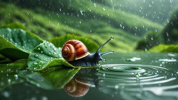 Snail Resting on Leaf in Rain Puddle with Forest Backdrop photo