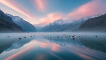 Ducks Swimming in Mountain Lake at Dawn with Cloud Reflections photo