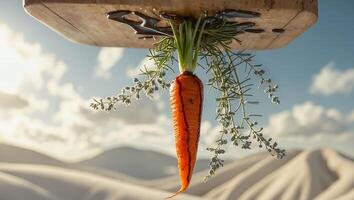 Hanging Carrot Still Life with Herbs and Dune Landscape Backdrop photo