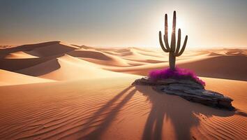 Cactus Silhouette in Desert Landscape with Pink Flowers at Sunset photo