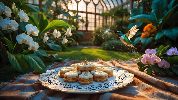 Cookies on a Plate with Hummingbird Flying in a Greenhouse photo