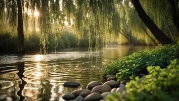 Tranquil River Flowing Under Weeping Willow Trees with Reflected Sunlight photo