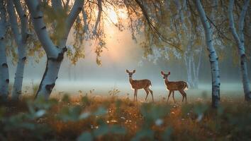 Two Deer Standing in a Misty Forest at Sunrise Calm Scene photo