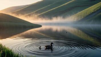 Duck and Duckling Swim on Calm Lake with Foggy Hills photo