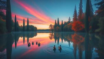 Ducks Swimming in Lake Reflecting Colorful Sunset Sky with Trees photo