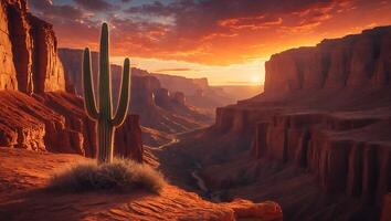 Cactus in Desert Canyon at Sunset with Dramatic Sky and Landscape photo