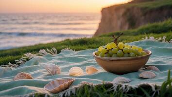 Grapes on Picnic Blanket by the Ocean at Sunset with Shells photo