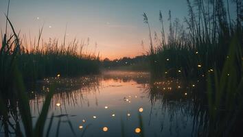 Calm River Scene Reflecting Sunset with Tall Grass and Fireflies photo