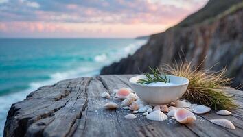 Bowl of Salt and Shells by the Sea on Rustic Wood photo