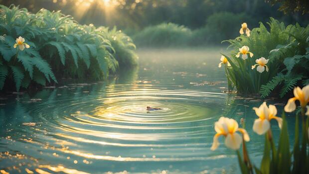 Sunlight Reflecting on Calm Pond with Ripples and Flowers photo
