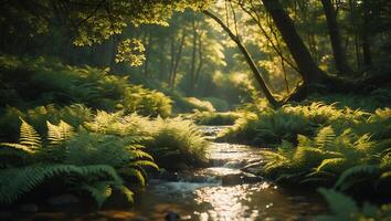 Stream Flowing Through Lush Green Forest with Ferns in Sunlight photo