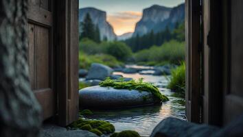 Mossy Rock in River Viewed Through Open Door at Sunset photo
