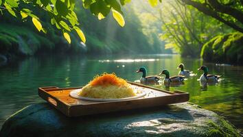 Pasta Dish on Tray by River with Ducks in Natural Setting photo