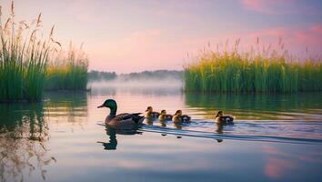Duck Family Swims on Calm Lake at Dawn with Misty Background photo