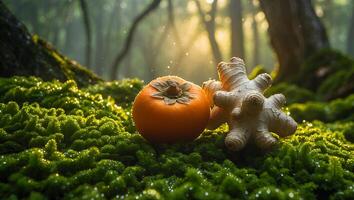 Persimmon and Ginger on Mossy Ground in Forest Sunlight photo