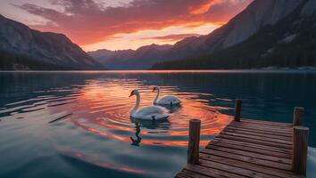 Swans Swimming on Calm Lake at Sunset with Mountain Reflections photo