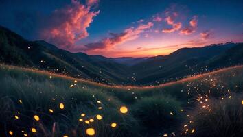 Sunset Over Rolling Hills with Grass and Fireflies Glow photo