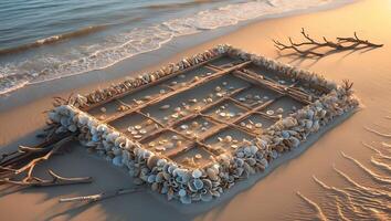 Seashell Frame Artwork on Sandy Beach at Sunset Near Ocean Waves photo