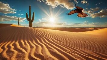 Hawk Soaring Over Sunlit Desert Landscape with Cactus and Sand Dunes photo