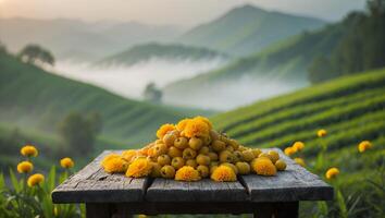 Arrangement of Yellow Fruits and Flowers on Rustic Wooden Table photo
