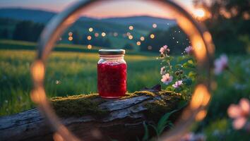 Jar of Red Berries on Mossy Log at Sunset in Nature photo
