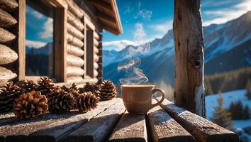 Enjoying Warm Drink on Cabin Porch Overlooking Snowy Mountain Scenery photo
