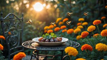 Dates with Herbs on Garden Table with Flying Bees at Sunset photo