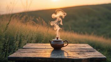 Steaming Teapot on Wooden Table in Meadow at Golden Hour photo