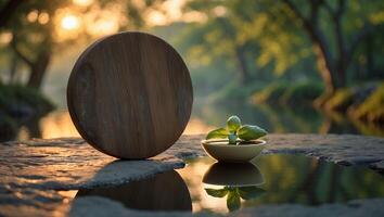 Wooden Disc and Basil Plant on Rock by Water at Sunset photo