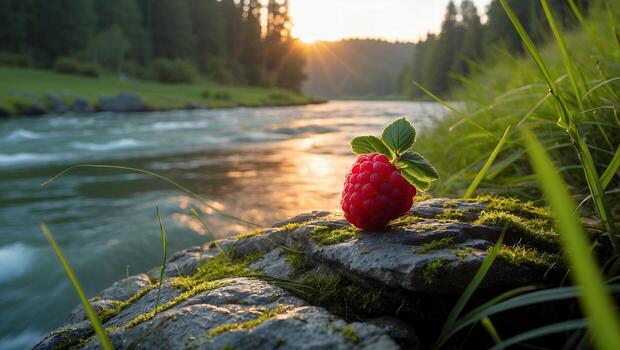 Red Raspberry on Mossy Rock by River at Scenic Sunset photo