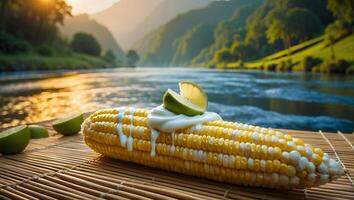 Corn with Lime and Sauce by River at Sunset Delicious Meal photo