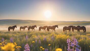 Horses Walking Through Meadow at Sunrise Serene Pastoral Scene photo