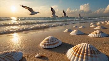 Seashells on Sandy Beach at Sunset with Seagulls Flying Above photo