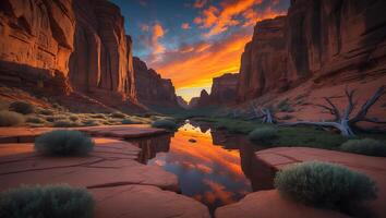 Canyon River Reflecting Sky at Dusk in Desert Landscape photo