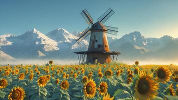 Windmill Standing in a Sunflower Field with Mountain Backdrop Scene photo