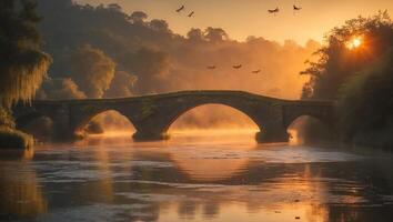 Arched Stone Bridge Over River at Sunrise with Rising Mist photo