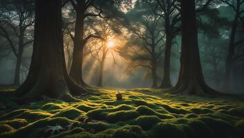 Sunlight Through Forest Trees Illuminating Mossy Ground with Small Fruit photo