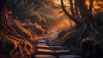 Walking Stone Path Through Enchanted Forest with Mushrooms and Sunlight photo
