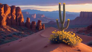 Blooming Cactus in Desert Landscape with Red Rock Formations at Sunset photo
