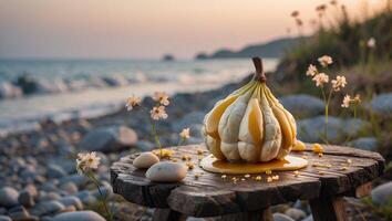 Gourd with Drizzle on Wooden Stool by Beach at Sunset photo