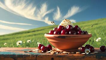 Cherries with Cream in Bowl on Rustic Table with Meadow Backdrop photo
