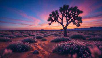 Desert Tree Silhouette with Colorful Sky and Wildflower Field at Sunset photo