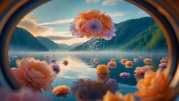 Floating Flowers on Lake Surrounded by Mountains During Sunset View photo