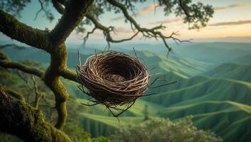 Empty Bird Nest in a Tree with Rolling Hills Landscape View photo